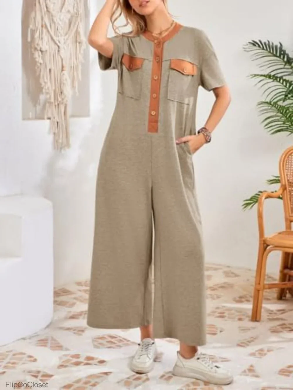 Women's Casual Loose Jumpsuit Short Sleeve V-Neck Button Down One Piece Wide